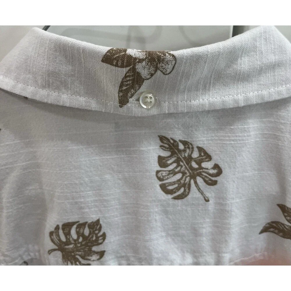 Hurley Men's Tropical Hawaiian Button Up Shirt White Brown Leaf Floral L
